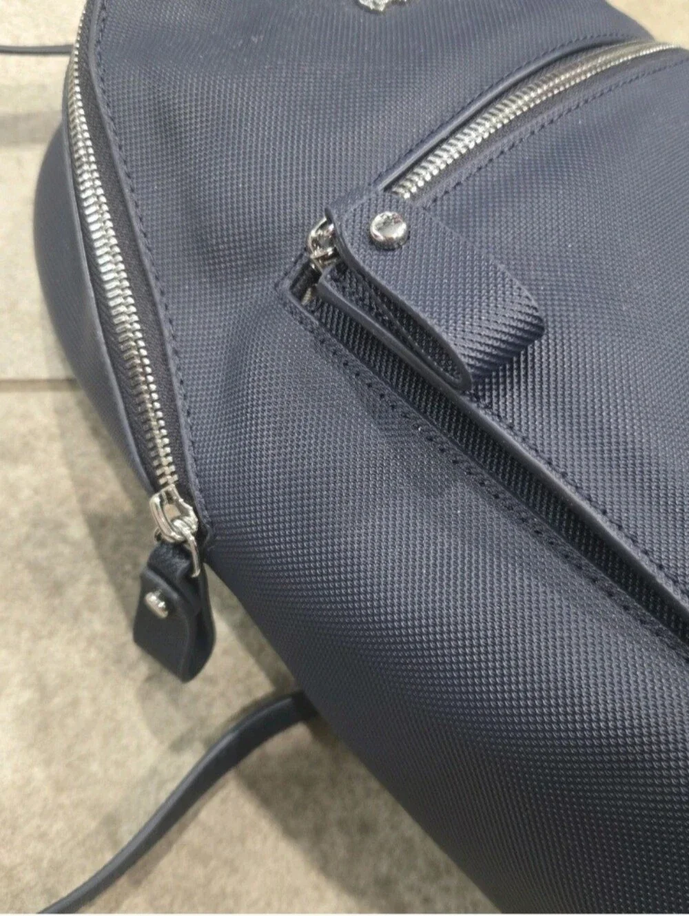Lacoste Daily Classic Navy Blue Coated Pique Canvas Zipper Mini Backpack Bag